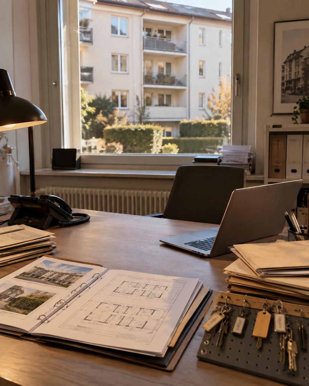 Schreibtisch im Büro von Karl Management mit Grundrissen und Blick auf ein gepflegtes Wohnhaus